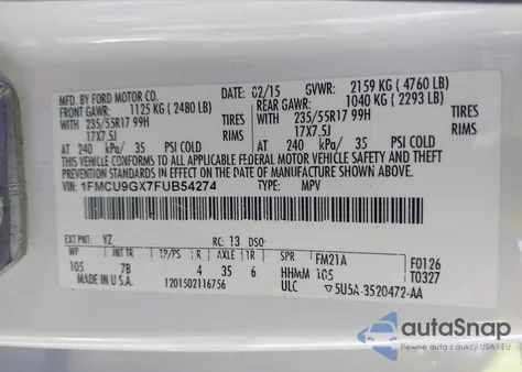 2015 Ford Escape Se from USA, damaged, VIN 1FMCU9GX7FUB54274